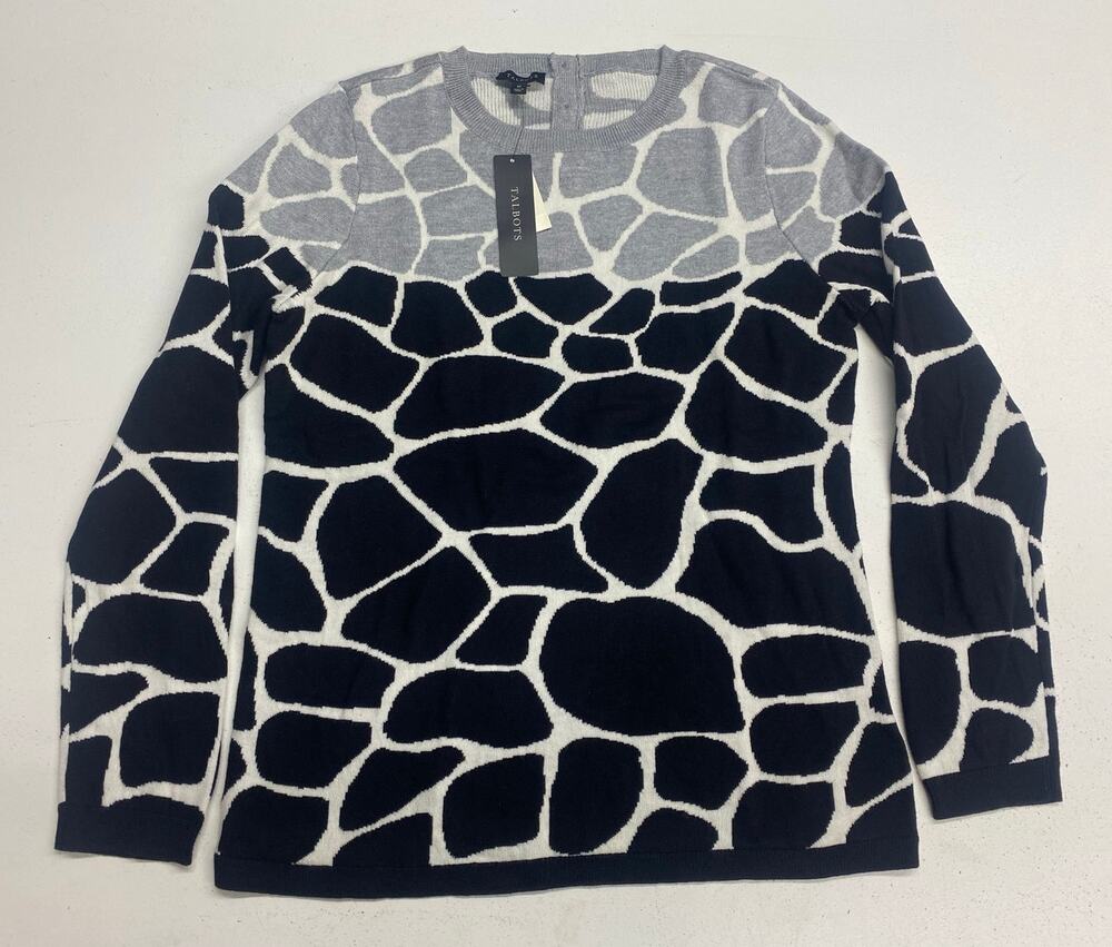 NEW Talbots crewneck animal print graphic cotton pullover sweater, M